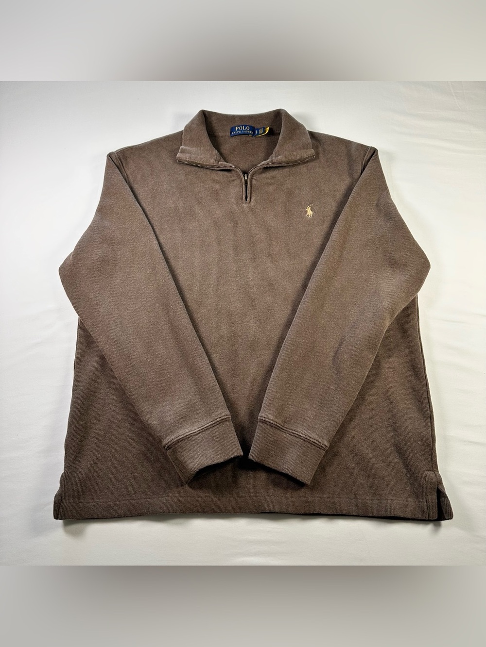 Polo Ralph Lauren 1/4 Zip Sweater Mens L Brown Cotton Tan Pony Pullover